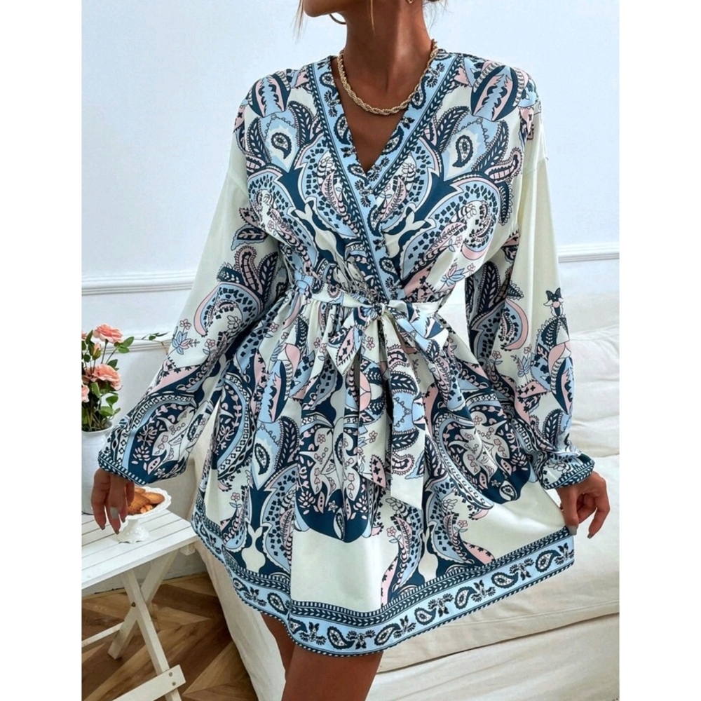 Boho Paisley Print Belted Bishop Sleeves Dress - Picture 2 of 7